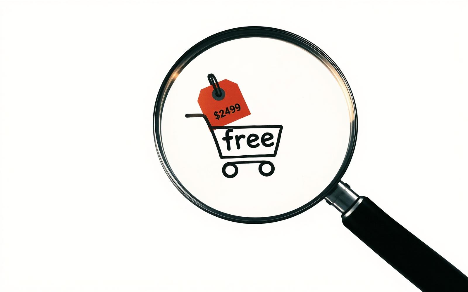 A magnifying glass hovering over a shopping cart icon with a price tag that reads ‘free’ and a shadow underneath revealing a different number